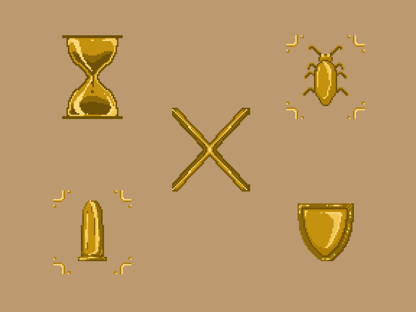 Cinco ícones dourados para os diferentes power-ups. Veem-se uma ampulheta, uma barata e setas que sugerem redução, uma bala e setas que sugerem redução, um escudo, e um X que se encontra no meio.