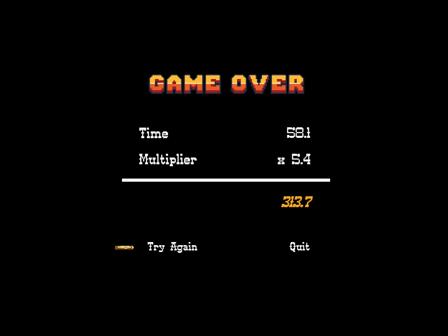 Um ecrã preto, onde se leem as palavras 'Game Over', além de se verem as opções 'Try again' e 'Quit'.