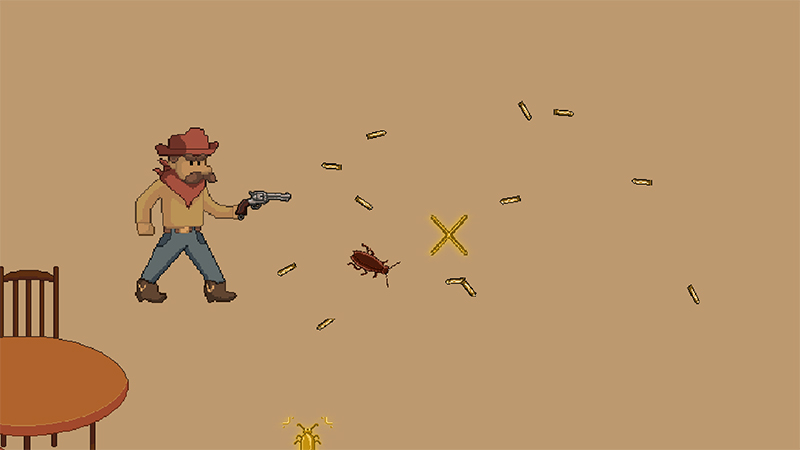 Imagem de jogo, onde se vê uma barata a tentar fugir das balas disparadas por um cowboy zangado.