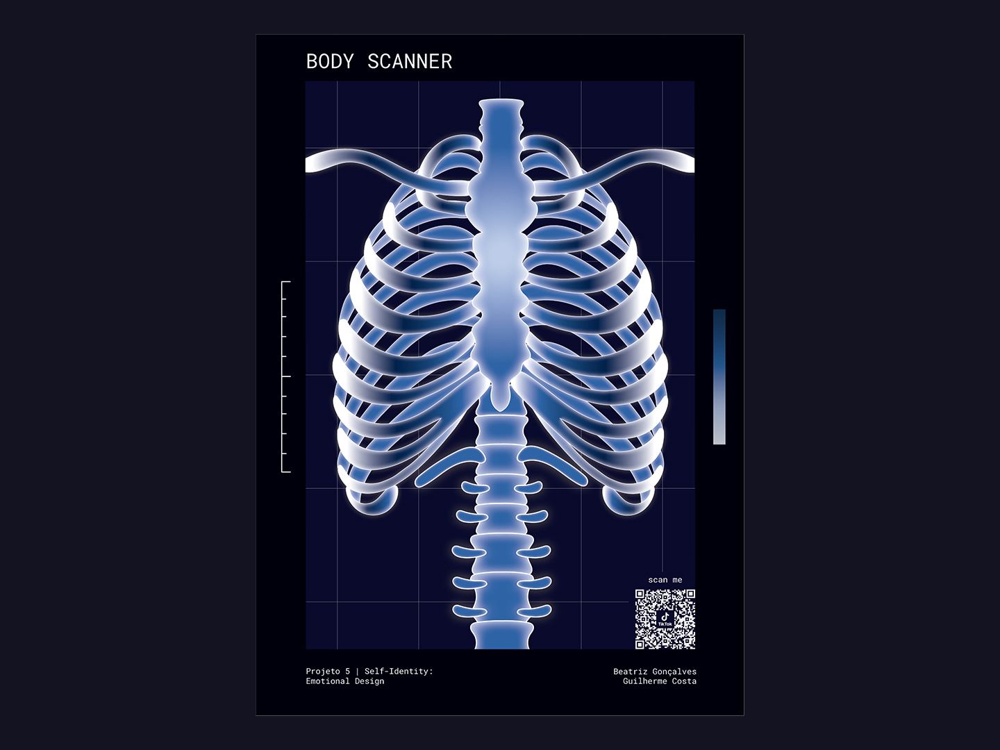 Um póster onde se vê o raio-x de uma caixa toráxica sobre um fundo azul com uma grelha branca. No canto inferior direito, vê-se um código QR.