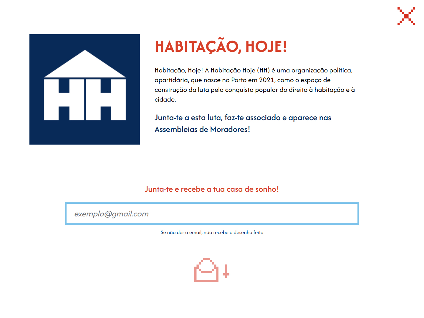 O ecrã de submissão, onde se vê o logtipo da associação 'Habitação Hoje!' e um campo de inserção de e-mail.