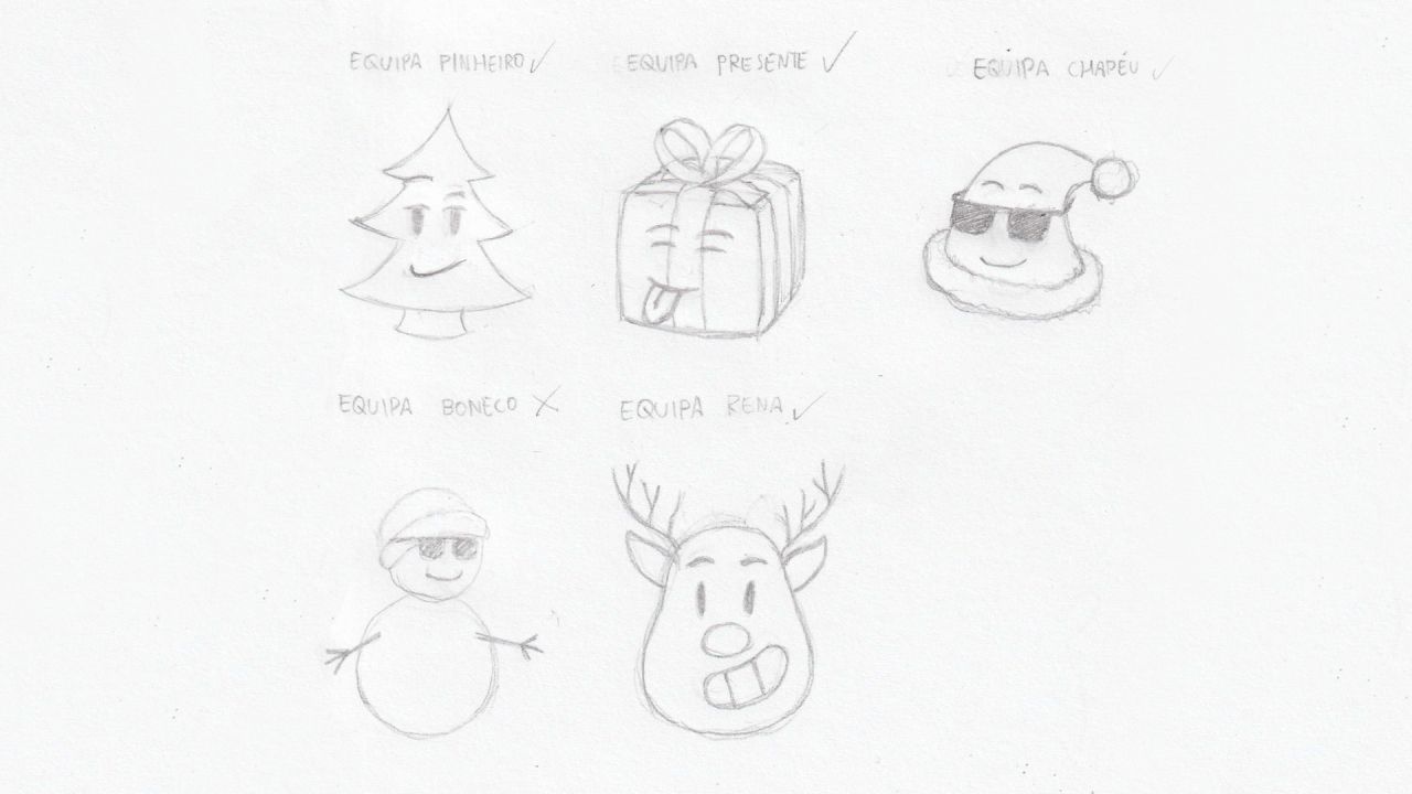 Rascunhos dos desenhos das quatro personagens, mais um desenho de um boneco de neve.