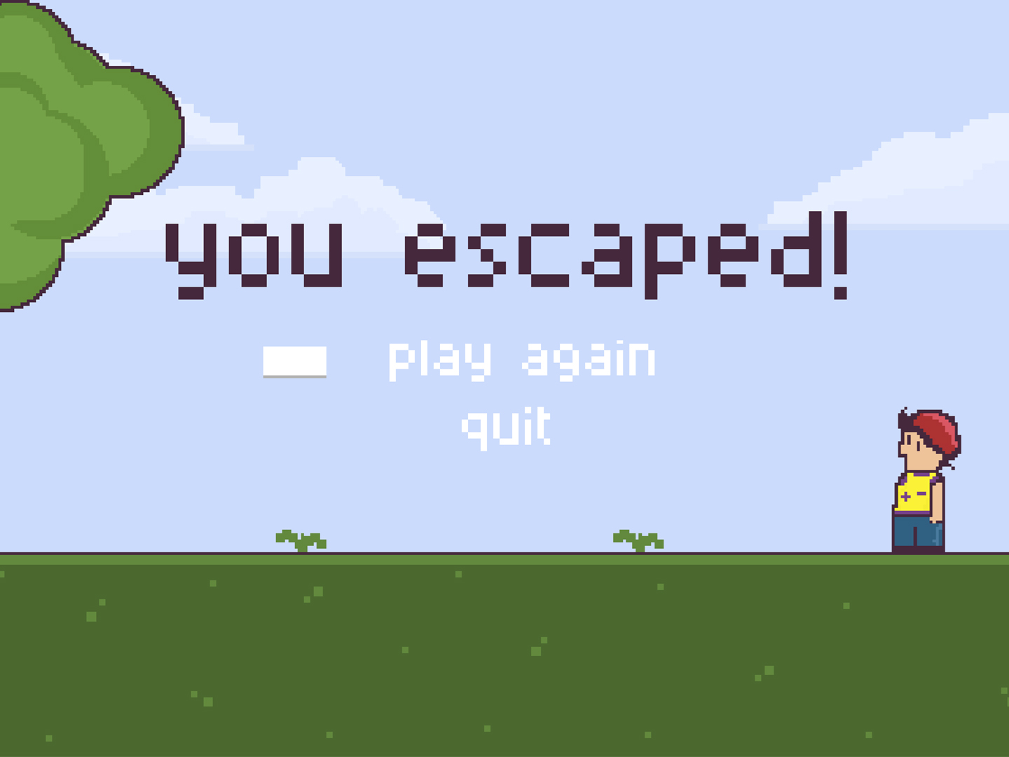 A personagem encontra-se num terreno verdejante, sob as palavras 'You escaped!'. Por baixo destas, aparecem opções para jogar novamente ou sair do jogo.