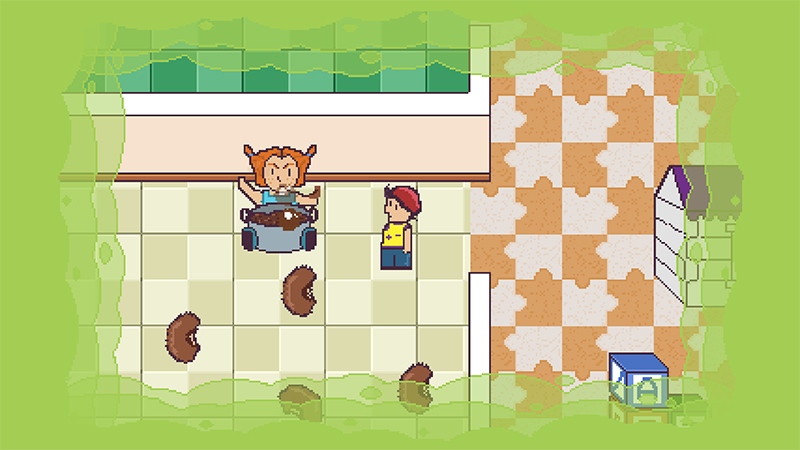 Imagem de jogo, onde se vê um menino a fugir da sua escola antes que os gases tóxicos da feijoada o intoxiquem.
