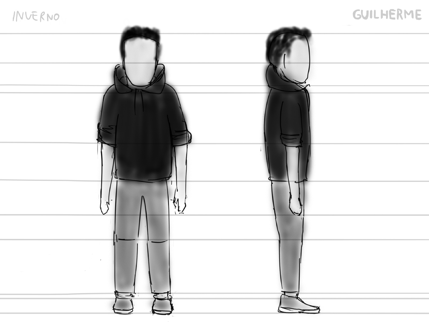 Um rascunho de referência, onde está desenhada a preto uma personagem de sweat escura e calças acinzentadas, vista de frente e de lado. Em cima lê-se 'Inverno' e 'Guilherme'.