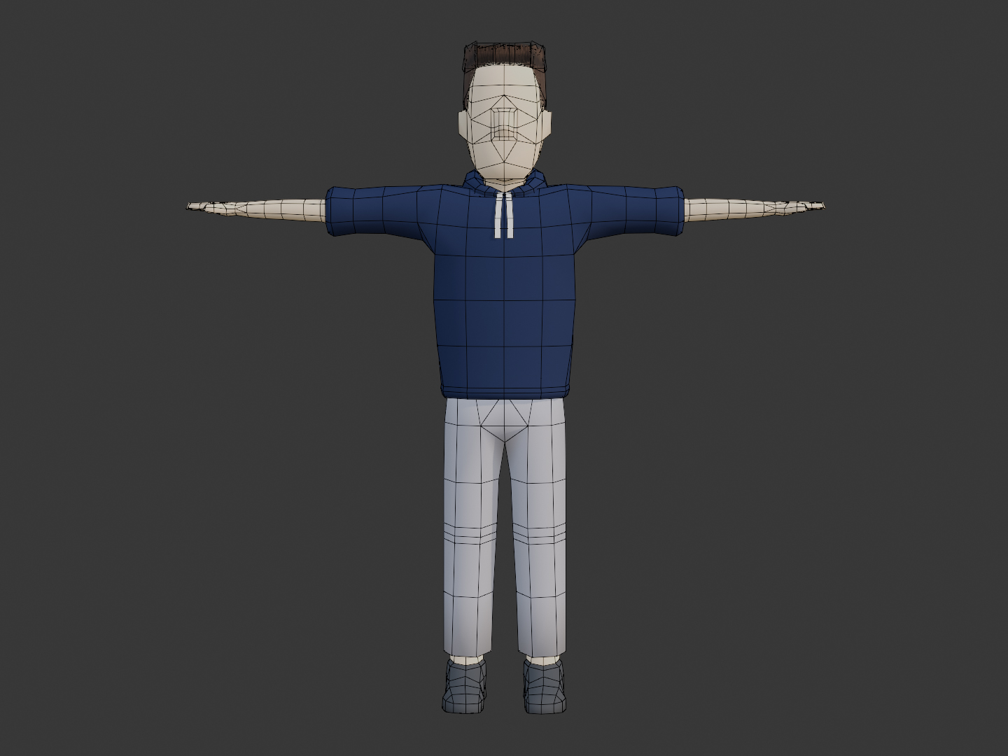 O modelo 3D da mesma personagem, agora a cores, com uma sweat azul escura, calças cinzentas e sapatilhas pretas. Veem-se as linhas que definem cada polígono do modelo 3D