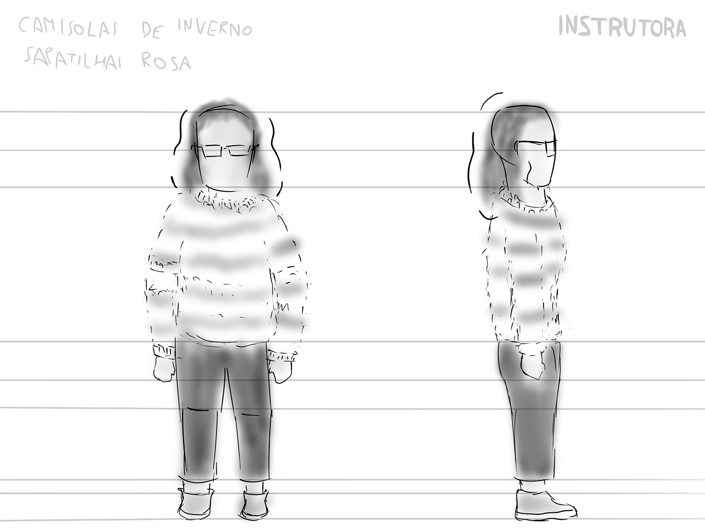 Um rascunho de referência, onde está desenhada a preto uma personagem de cabelos ondulados, com camisola clara. Em cima lê-se 'Camisolas de inverno', 'Sapatilhas rosa' e 'Instrutora'.