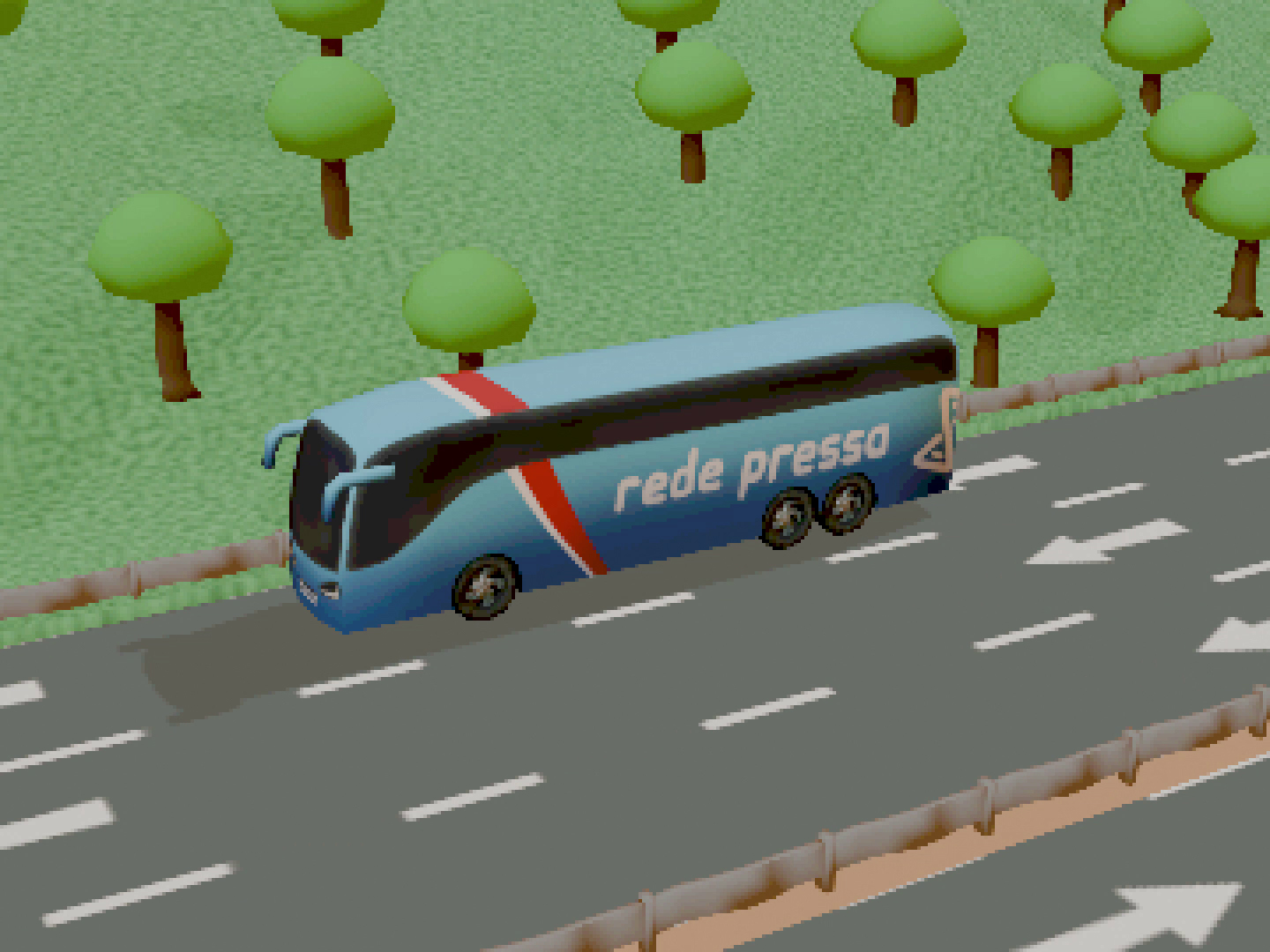 Vê-se uma porção de autoestrada com um autocarro da empres 'Rede Pressa', à frente de um monte repleto de árvores.