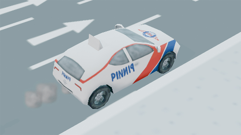 Vista pixelizada de um carro de condução estacionado junto a um passeio.